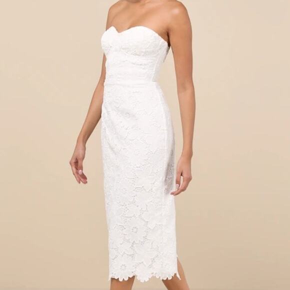 Lulus NWOT Aramis White Embroidered Lace Strapless Bustier Midi Dress Large - Picture 2 of 10